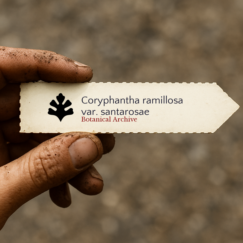 Printed plant label for Coryphantha ramillosa var. santarosae held by dirty hand