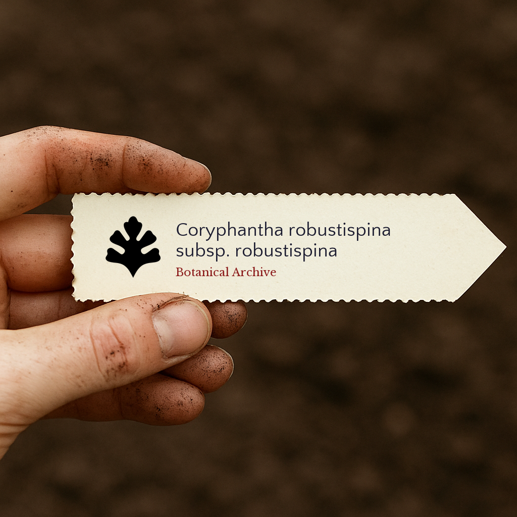 Etichetta stampata per piante di Coryphantha robustispina subsp. robustispina tenuta da una mano sporca su sfondo di terreno