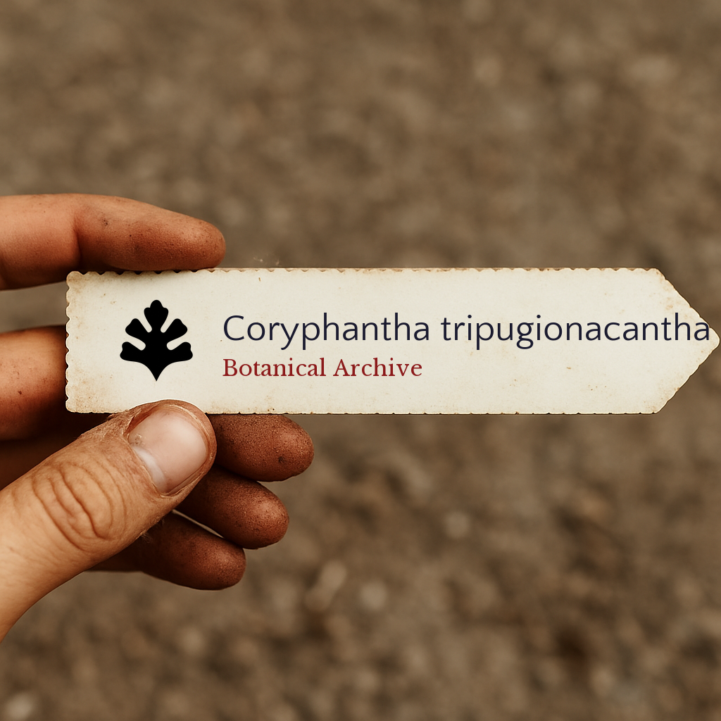 Etichetta vintage portatile dell'archivio botanico per Coryphantha tripugionacantha con dita macchiate di terra