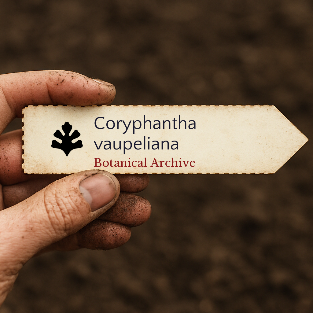 Printed plant label for Coryphantha vaupeliana held by dirty hand over soil background
