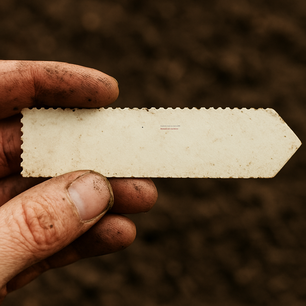Blank vintage plant label tag held by dirty hand over soil background