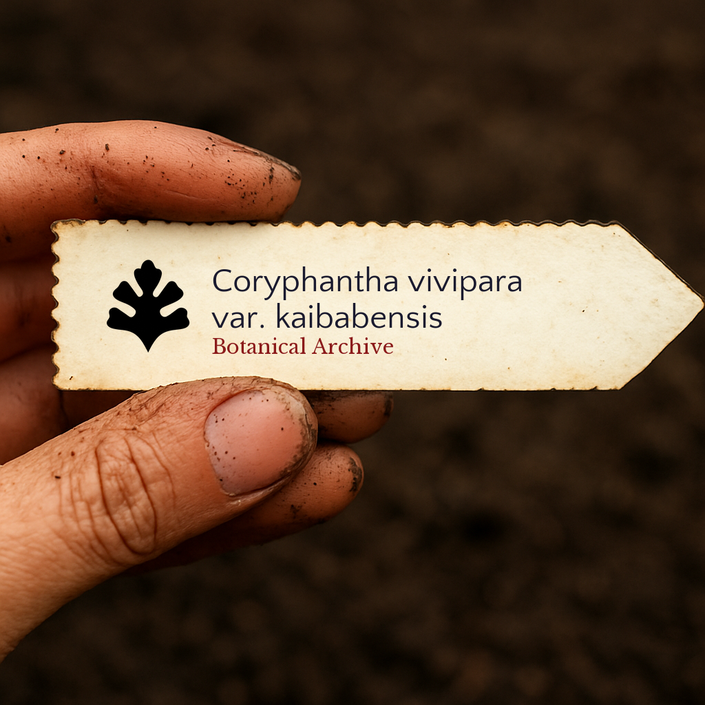 Printed plant label for Coryphantha vivipara var. kaibabensis held by dirty hand over soil background