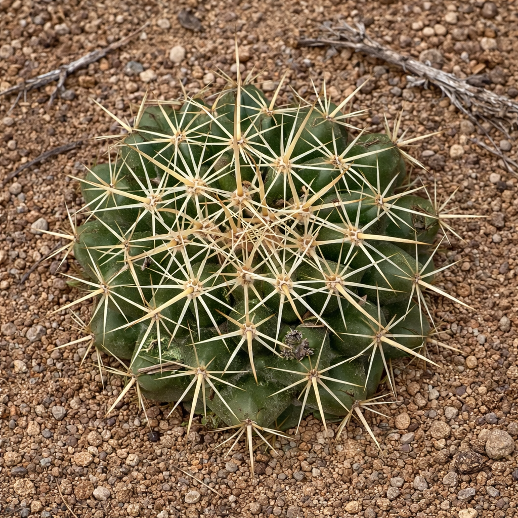 Coryphantha ottonis round green cactus with long yellow spines on gravel soil