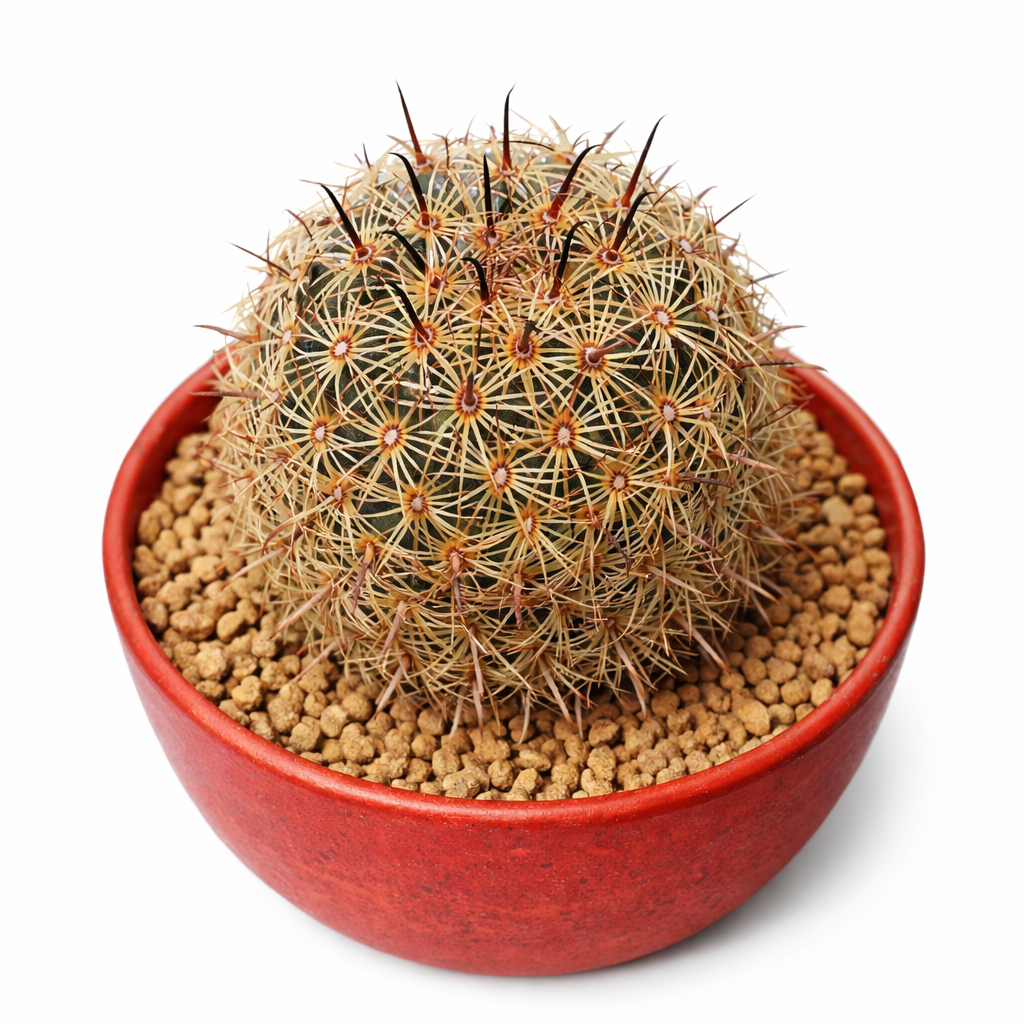 Coryphantha palmeri small round cactus with dense yellow spines in red pot