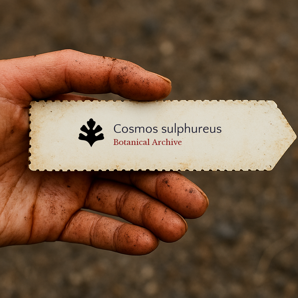 Printed plant label for Cosmos sulphureus held by a dirty hand outdoors