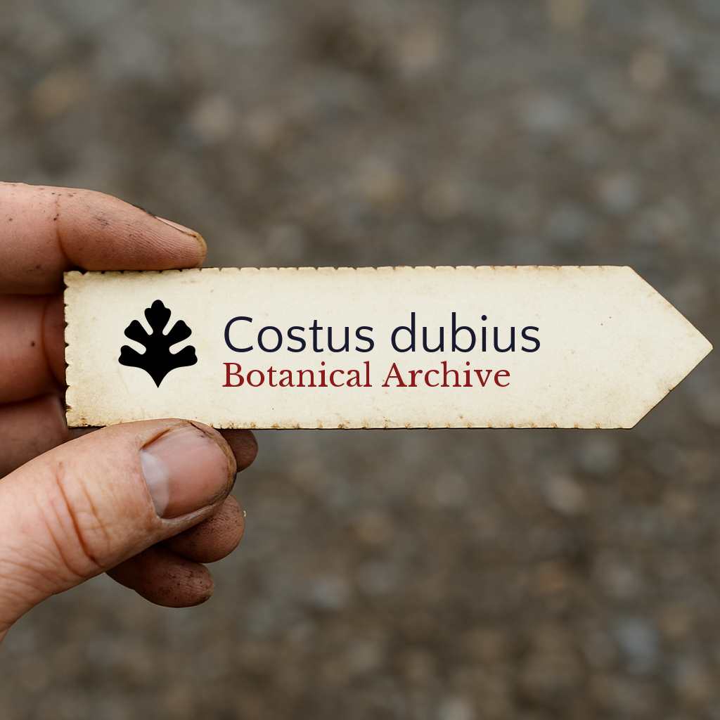 Printed plant label for Costus dubius with botanical archive logo held by hand