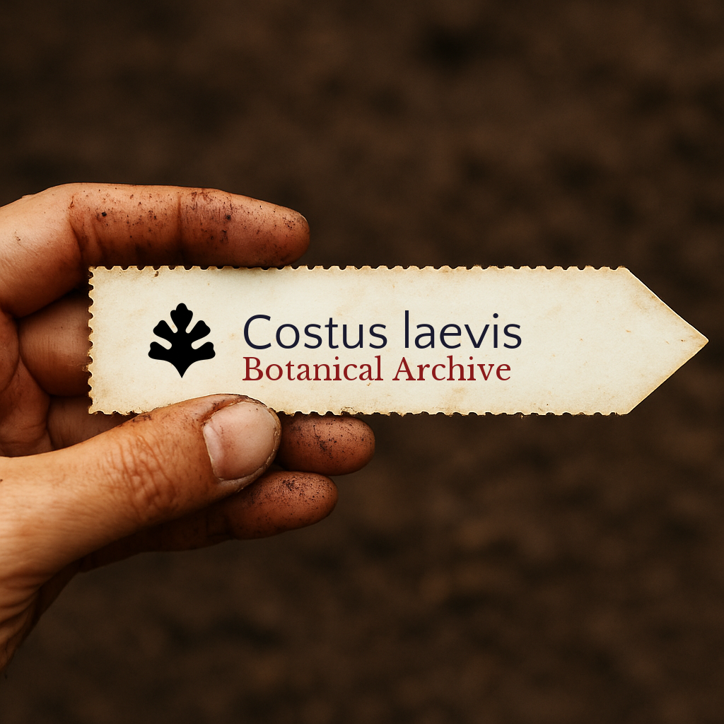 Printed plant label for Costus laevis held by dirty hand over soil background