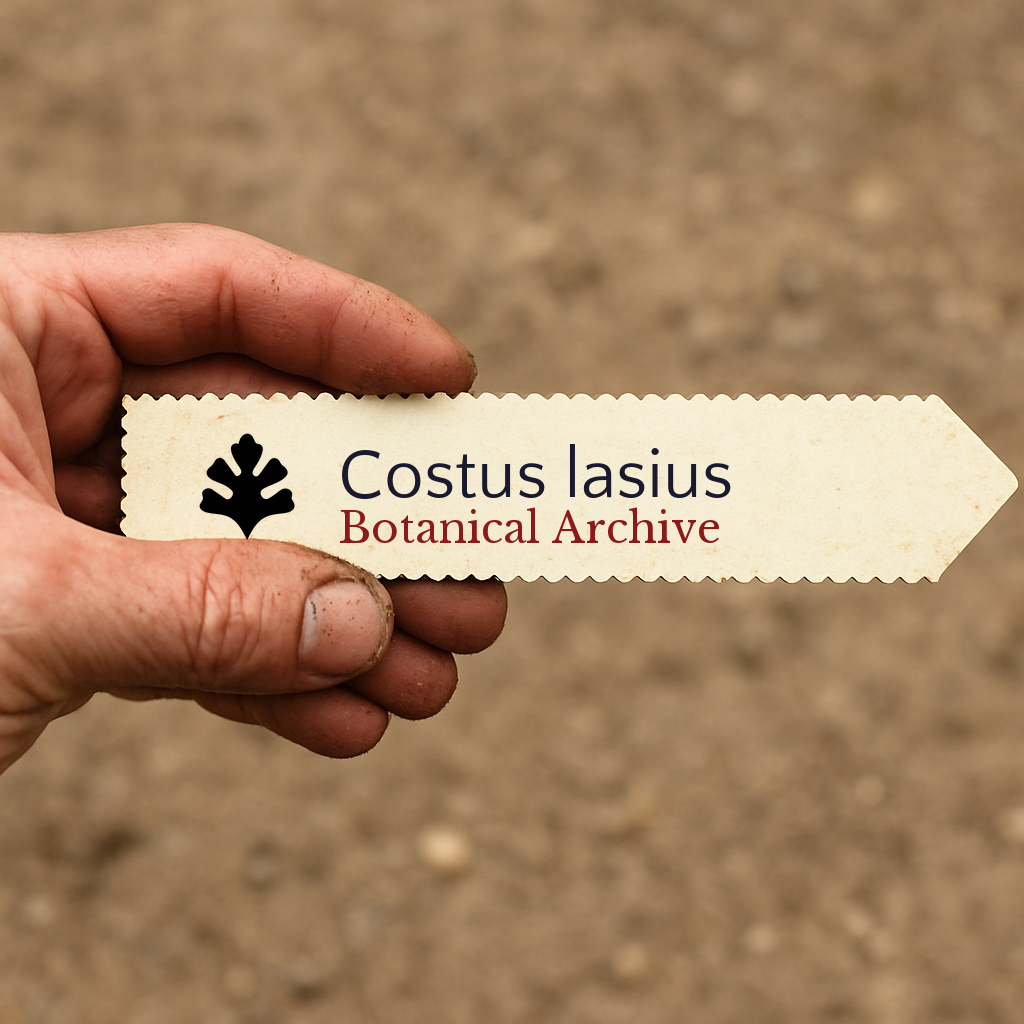 Printed plant label for Costus lasius with botanical archive logo held in hand over soil background