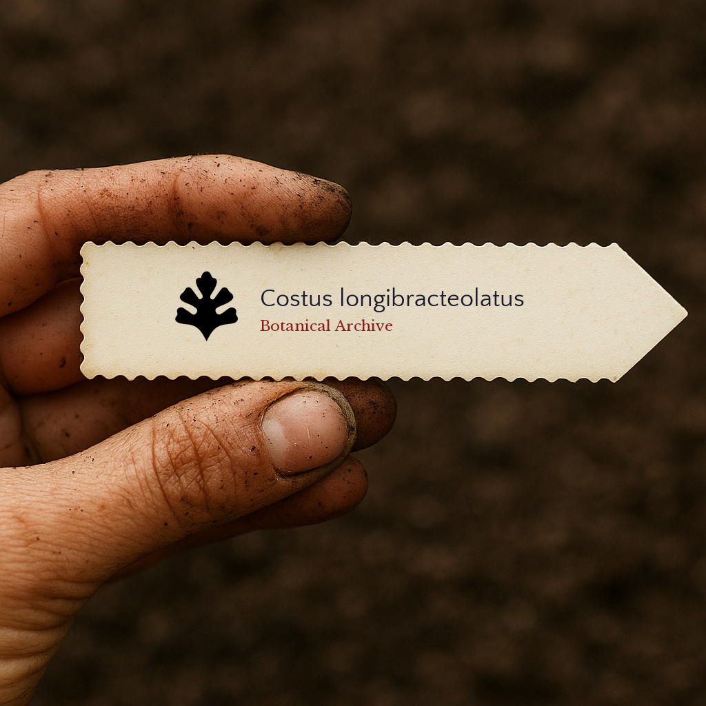 Printed plant label for Costus longibracteolatus held by dirty hand over soil background