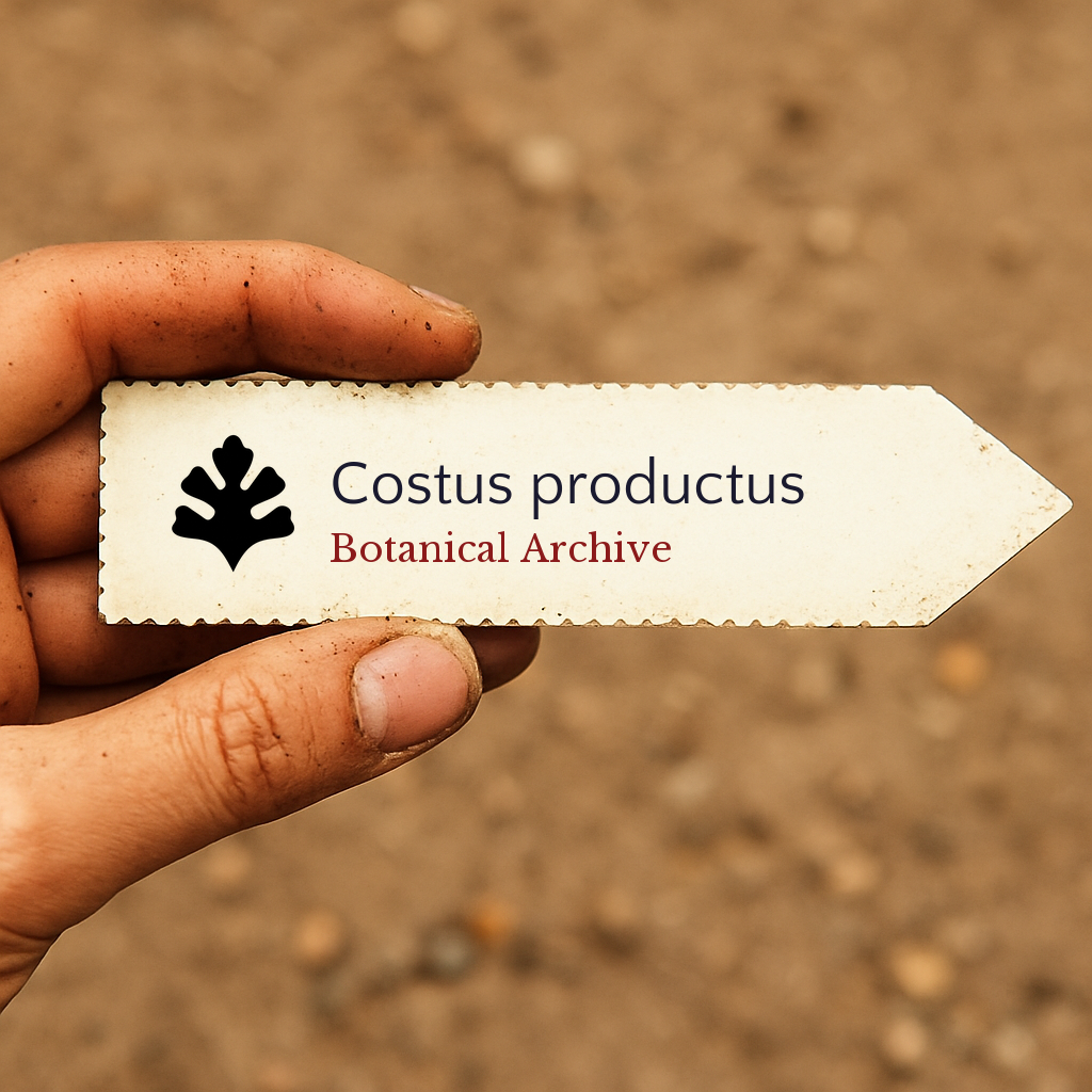 Printed plant label for Costus productus held by hand over soil background