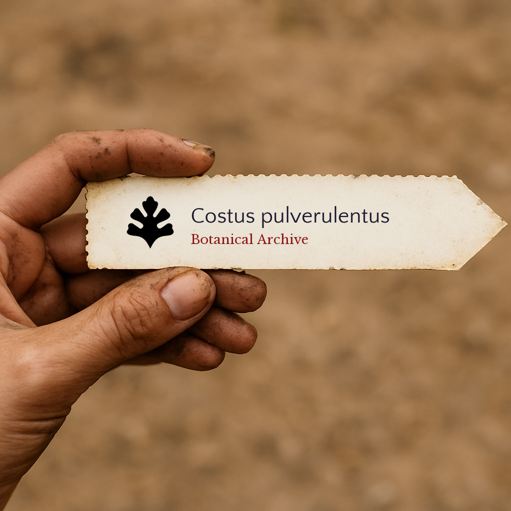 Printed plant label for Costus pulverulentus held by a dirty hand against blurred soil background
