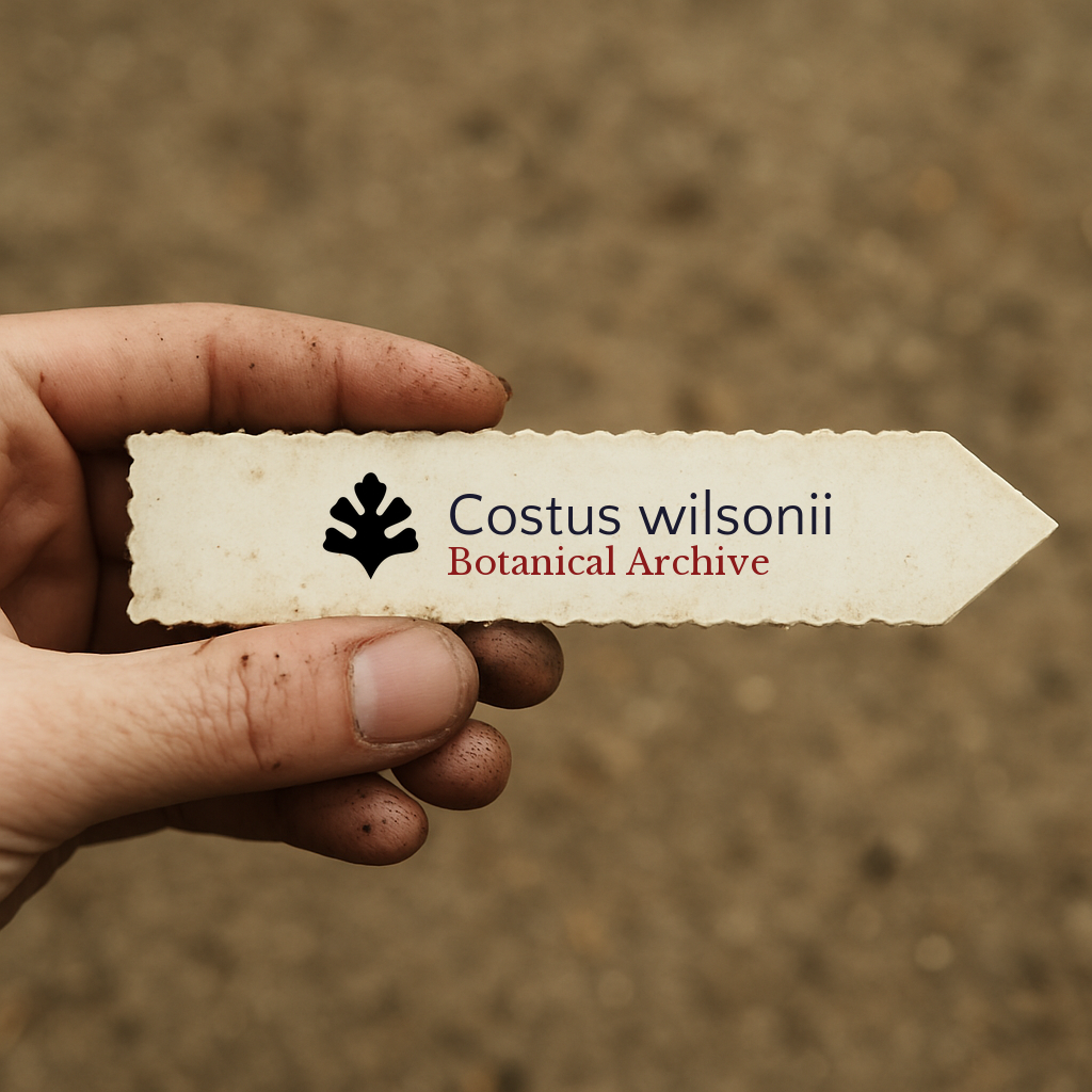 Printed plant label for Costus wilsonii held by hand with soil background