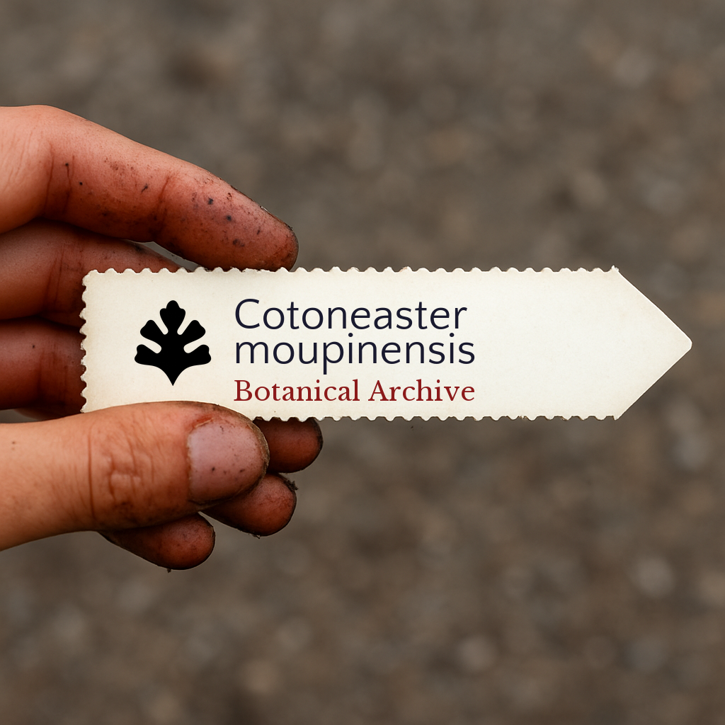 Etichetta stampata della pianta per Cotoneaster moupinensis tenuta da una mano sporca all'aperto