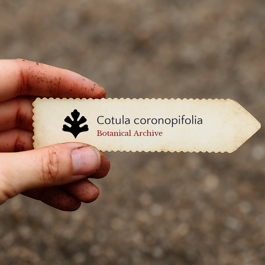 Printed plant label for Cotula coronopifolia held by dirty hand outdoors