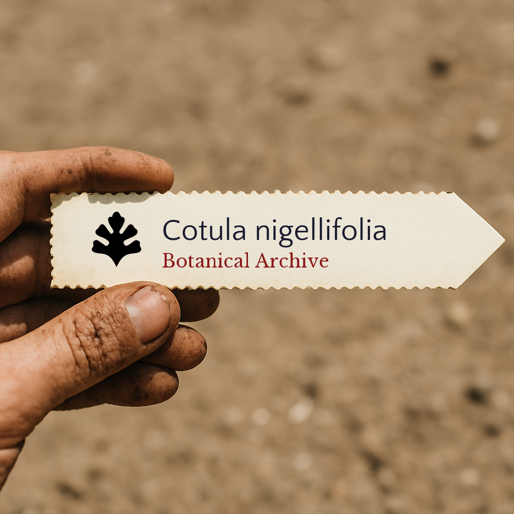 Etichetta della pianta Cotula nigellifolia stampata tenuta a mano con sfondo di terriccio