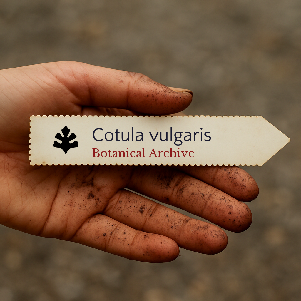 Etichetta stampata per Cotula vulgaris tenuta nella mano sporca di un giardiniere all'aperto