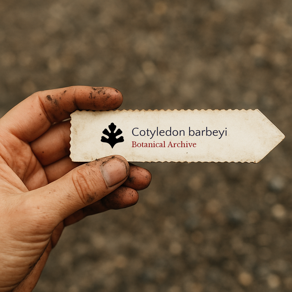 Printed plant label for Cotyledon barbeyi held by dirty hand outdoors