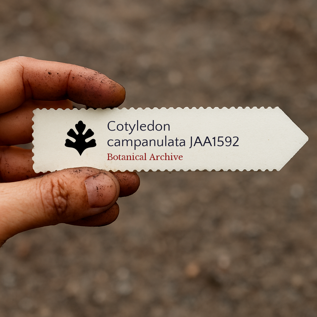 Printed plant label for Cotyledon campanulata JAA1592 held in hand with soil background