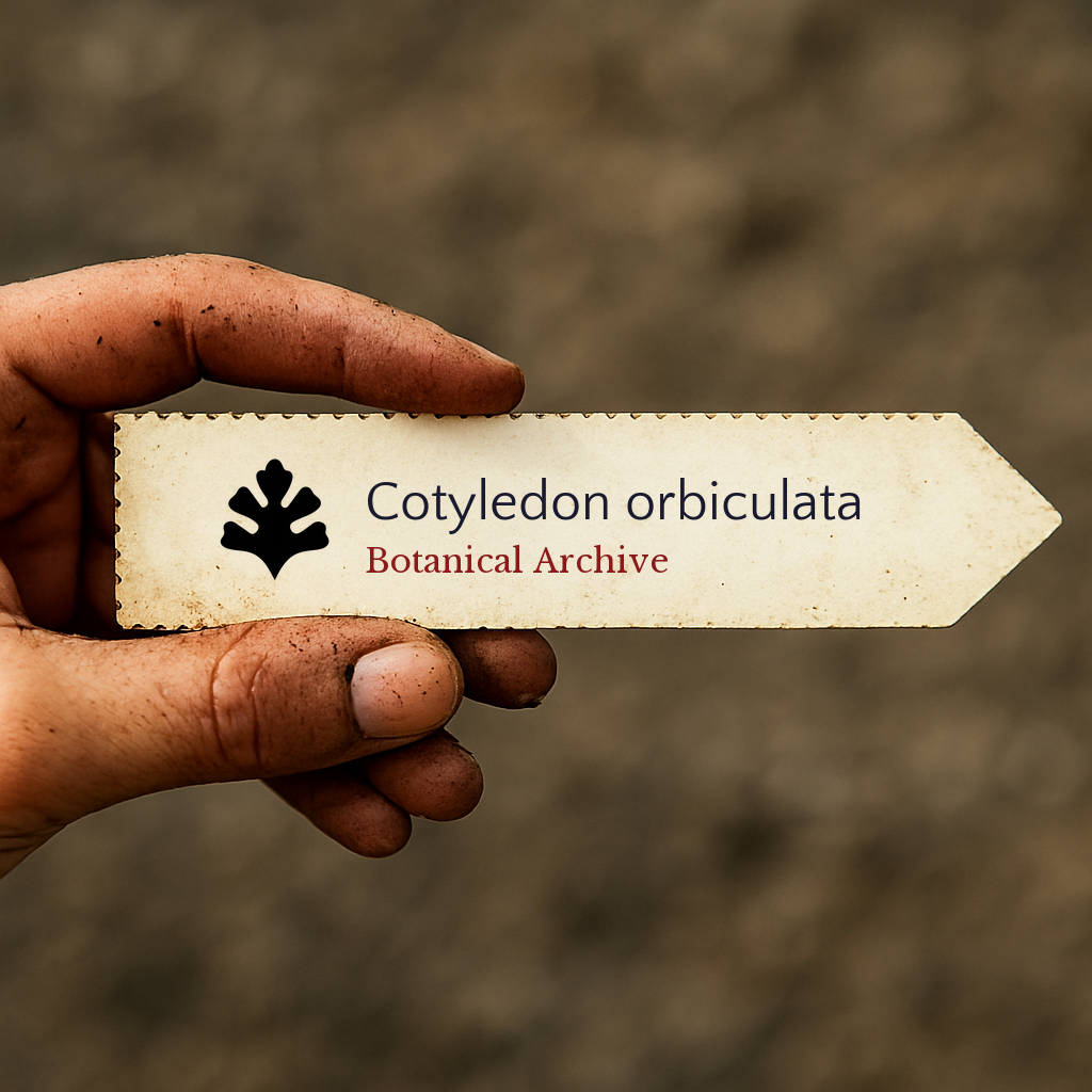Etichetta per pianta stampata per Cotyledon orbiculata tenuta da una mano sporca all'aperto