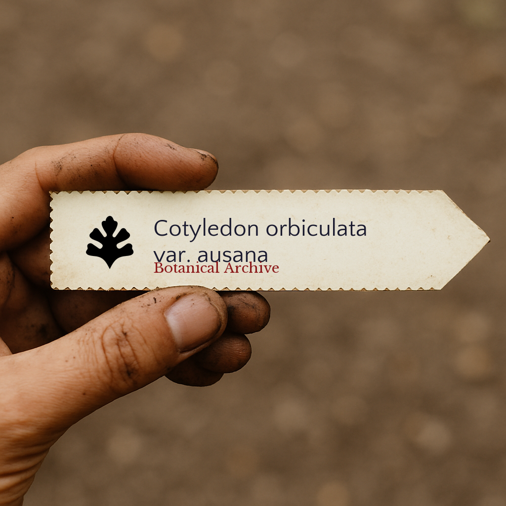Printed plant label for Cotyledon orbiculata var. ausana held by dirty hand outdoors
