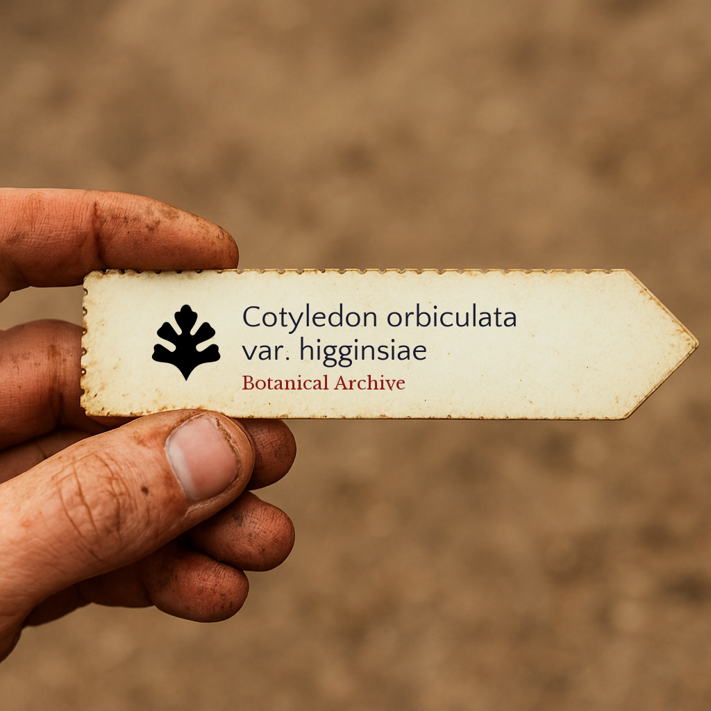 Printed plant label for Cotyledon orbiculata var. higginsiae held by dirty hand