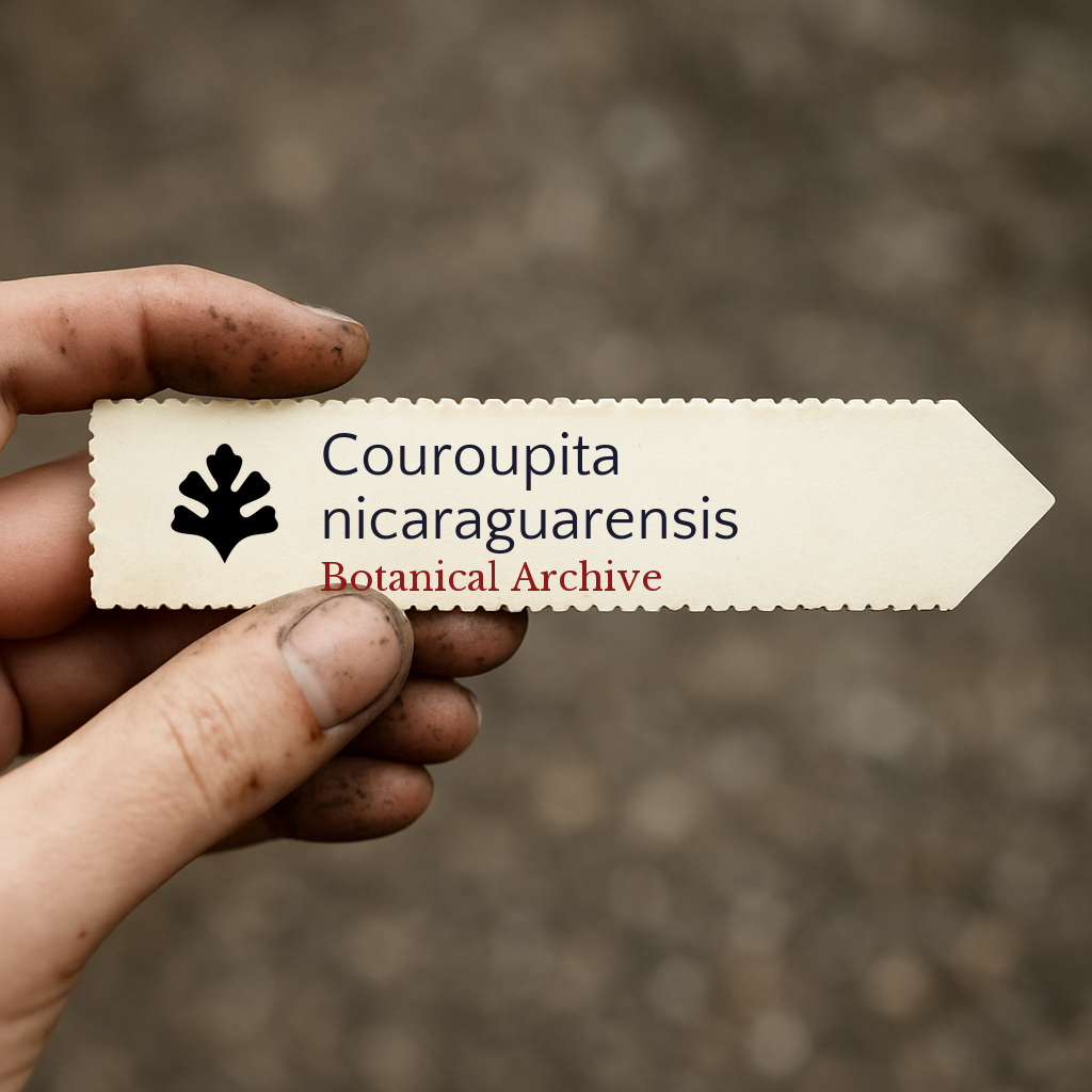 Etichetta stampata per pianta di Couroupita nicaraguarensis tenuta da una mano sporca all'aperto