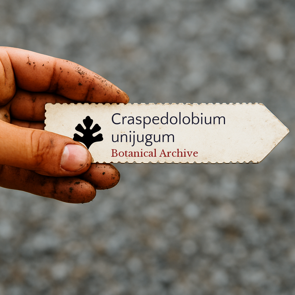 Printed plant label for Craspedolobium unijugum held by dirty hand outdoors