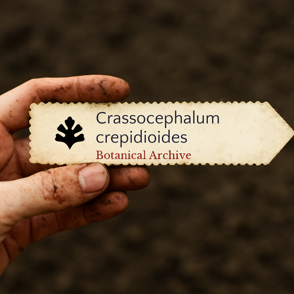 Etichetta per pianta stampata per Crassocephalum crepidioides tenuta da mano sporca su sfondo di terreno