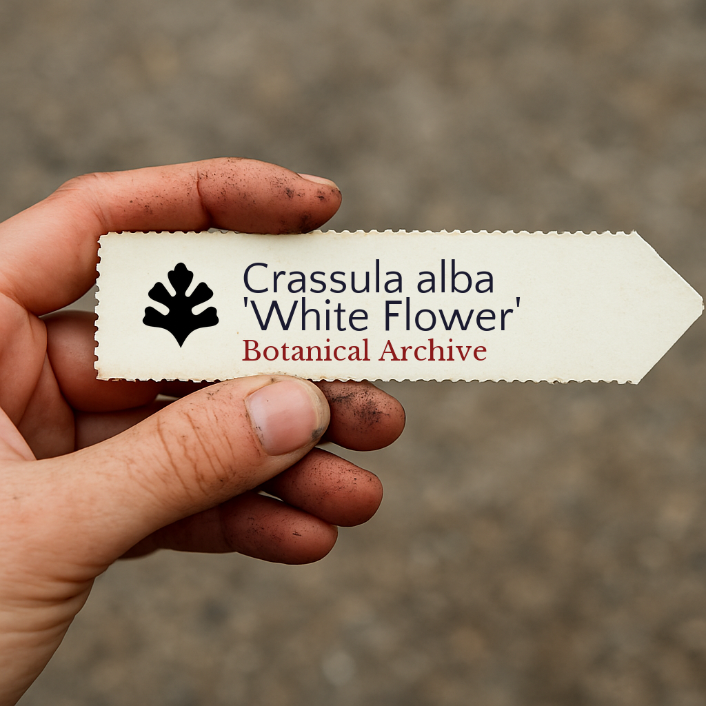 Etichetta stampata per pianta di Crassula alba 'White Flower' tenuta da una mano sporca all'aperto