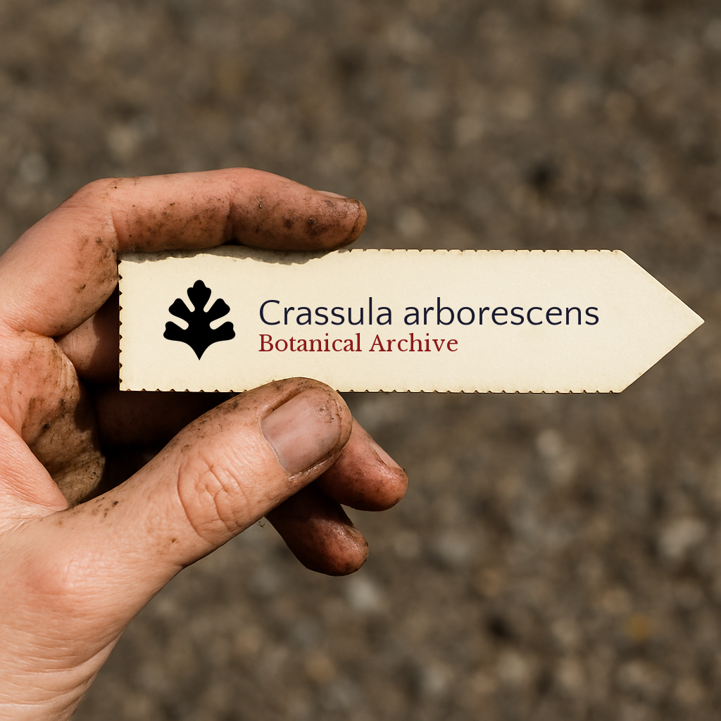 Printed plant label for Crassula arborescens held by dirty hand outdoors