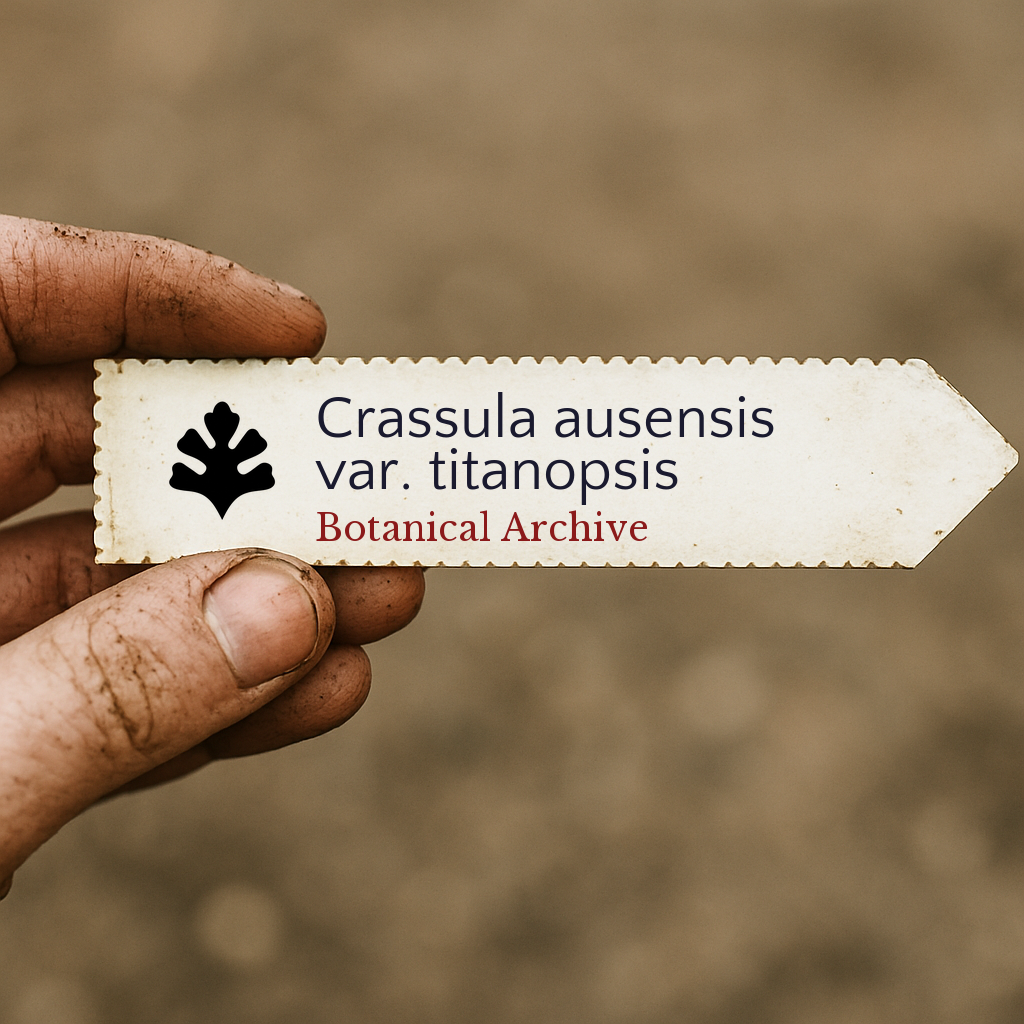 Printed plant label for Crassula ausensis var. titanopsis held by dirty hand