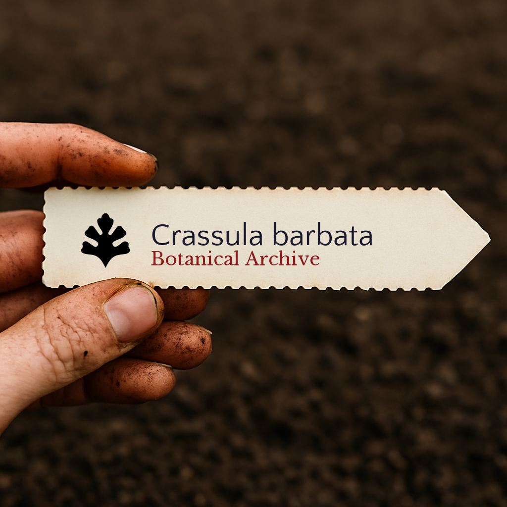 Etichetta stampata per pianta di Crassula barbata tenuta da mano sporca su sfondo di terreno