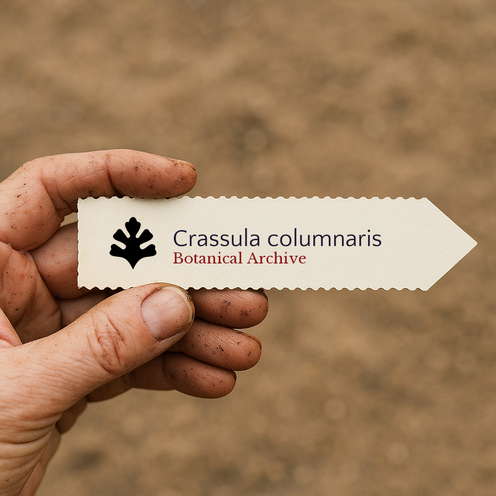 Etichetta per pianta stampata per Crassula columnaris tenuta a mano con sfondo di terreno