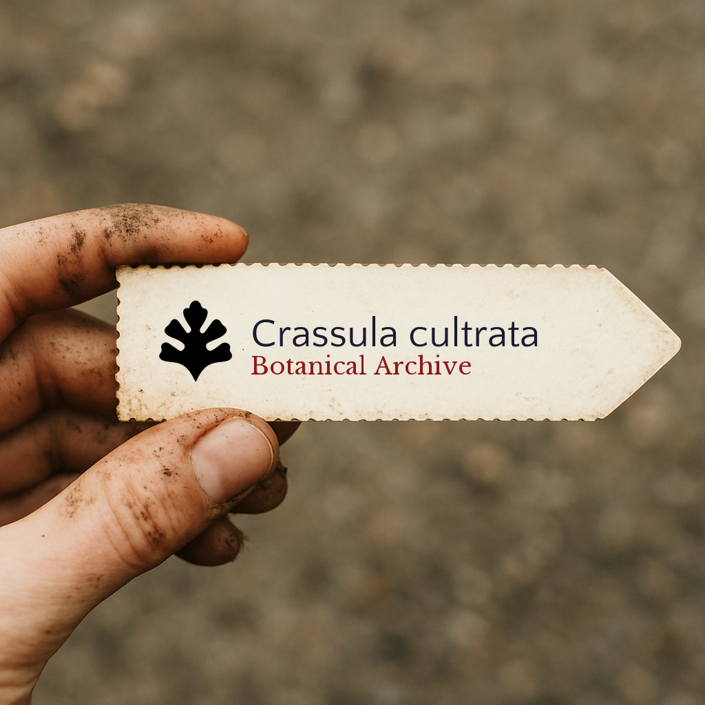 Etichetta stampata per pianta di Crassula cultrata tenuta da mano sporca all'aperto