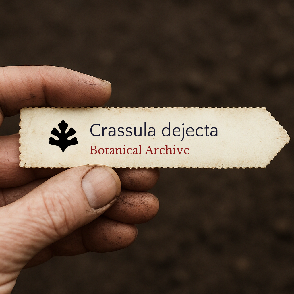 Printed plant label for Crassula dejecta held by dirty hand over soil background