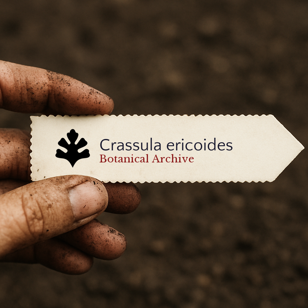 Printed plant label for Crassula ericoides with botanical archive logo held over soil