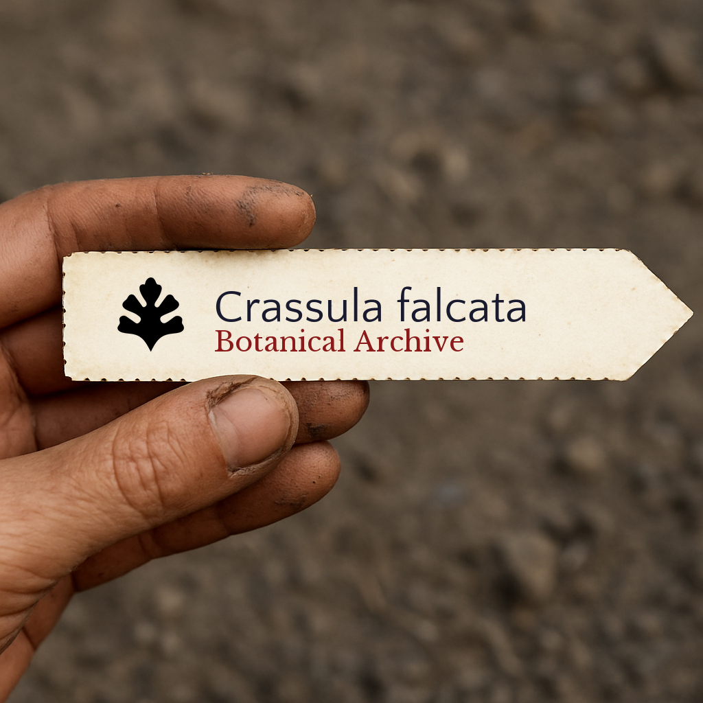 Etichetta della pianta stampata per Crassula falcata tenuta a mano con sfondo di terreno