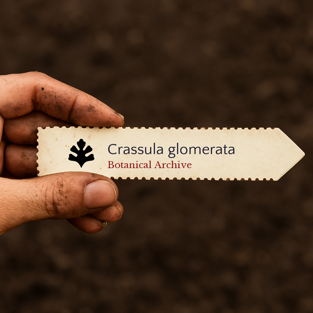 Printed plant label for Crassula glomerata held by hand over soil background