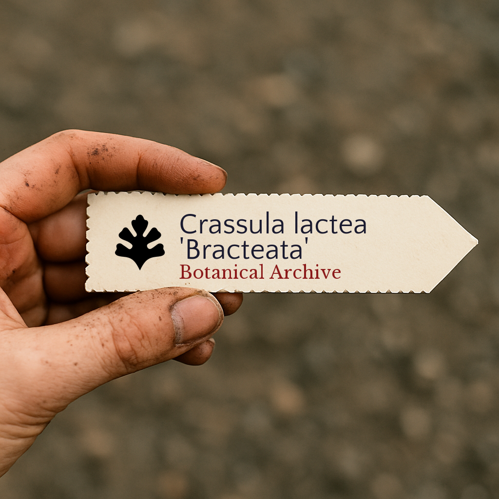 Etichetta stampata per pianta di Crassula lactea 'Bracteata' tenuta in mano con sfondo di terreno