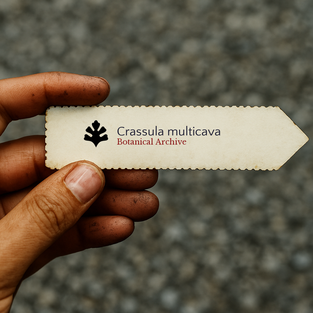 Printed plant label for Crassula multicava held by hand with dirt on fingers