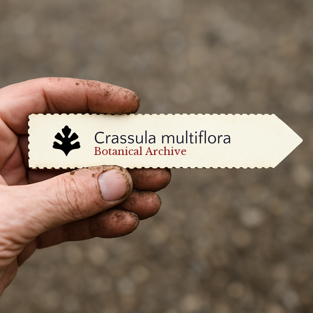 Etichetta stampata per pianta di Crassula multiflora tenuta da mano sporca su sfondo di terra
