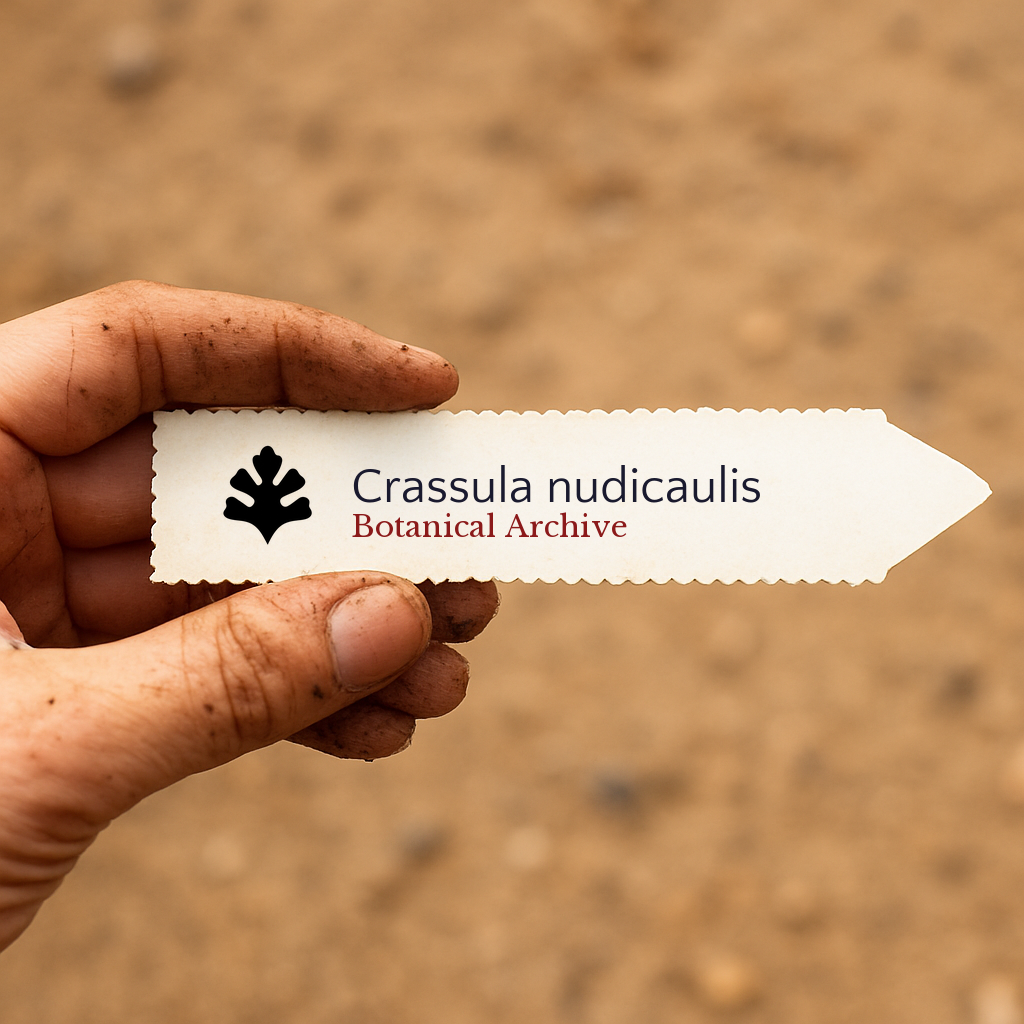 Etichetta per piante stampata per Crassula nudicaulis tenuta da una mano sporca all'aperto
