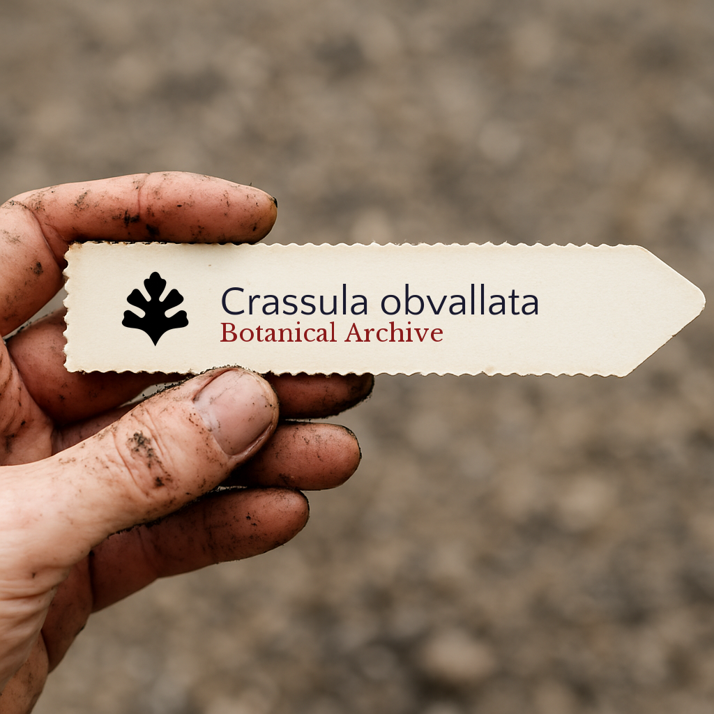 Printed plant label for Crassula obvallata held by dirty hand with blurred soil background