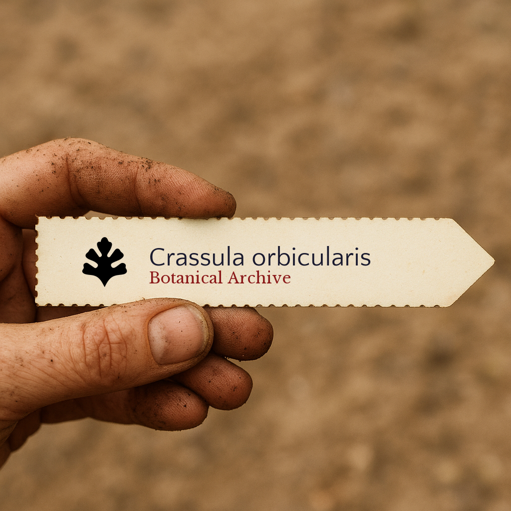 Printed plant label for Crassula orbicularis held by dirty hand with blurred soil background