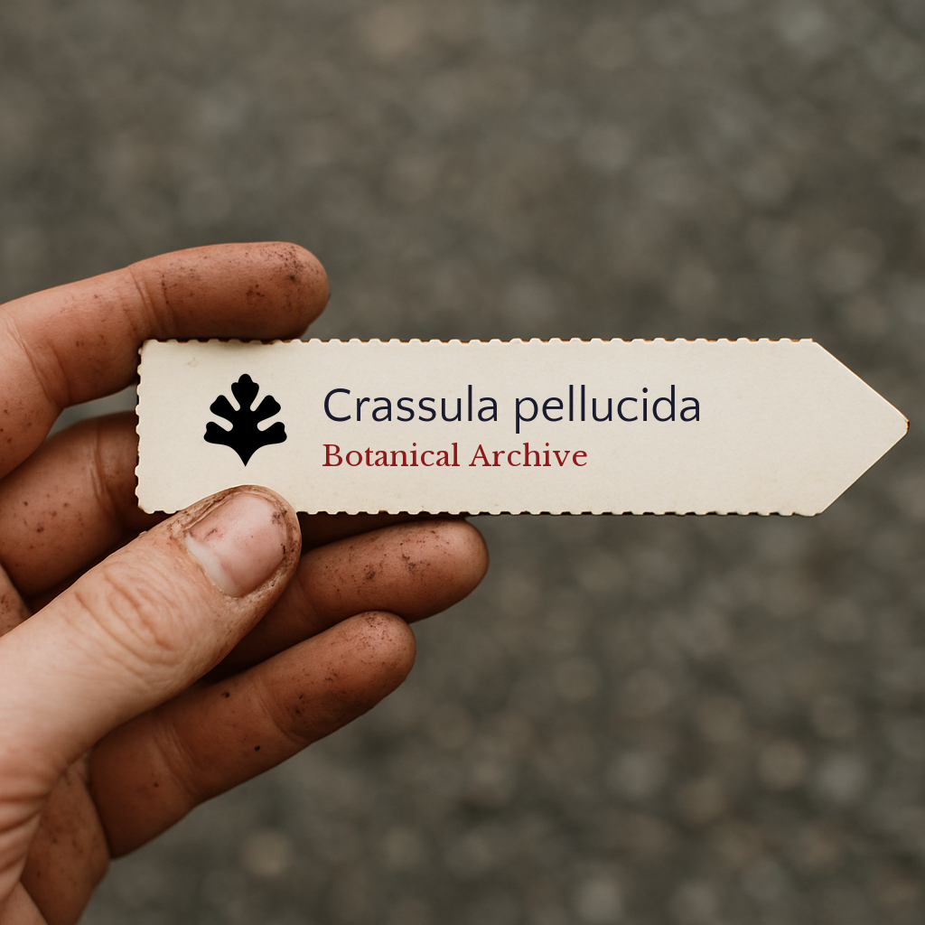 Printed plant label for Crassula pellucida held by a hand with soil dirt background