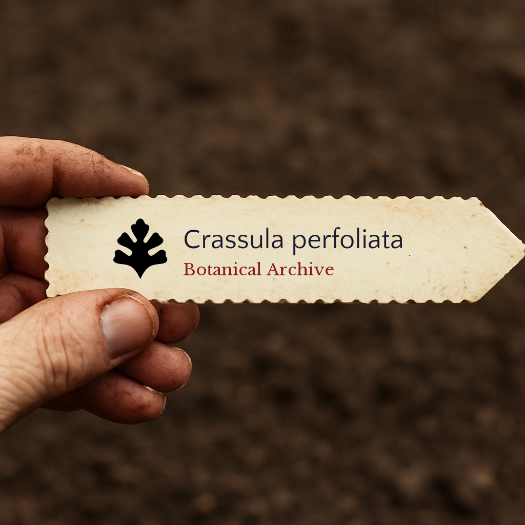 Etichetta stampata per pianta di Crassula perfoliata tenuta a mano su sfondo di terra