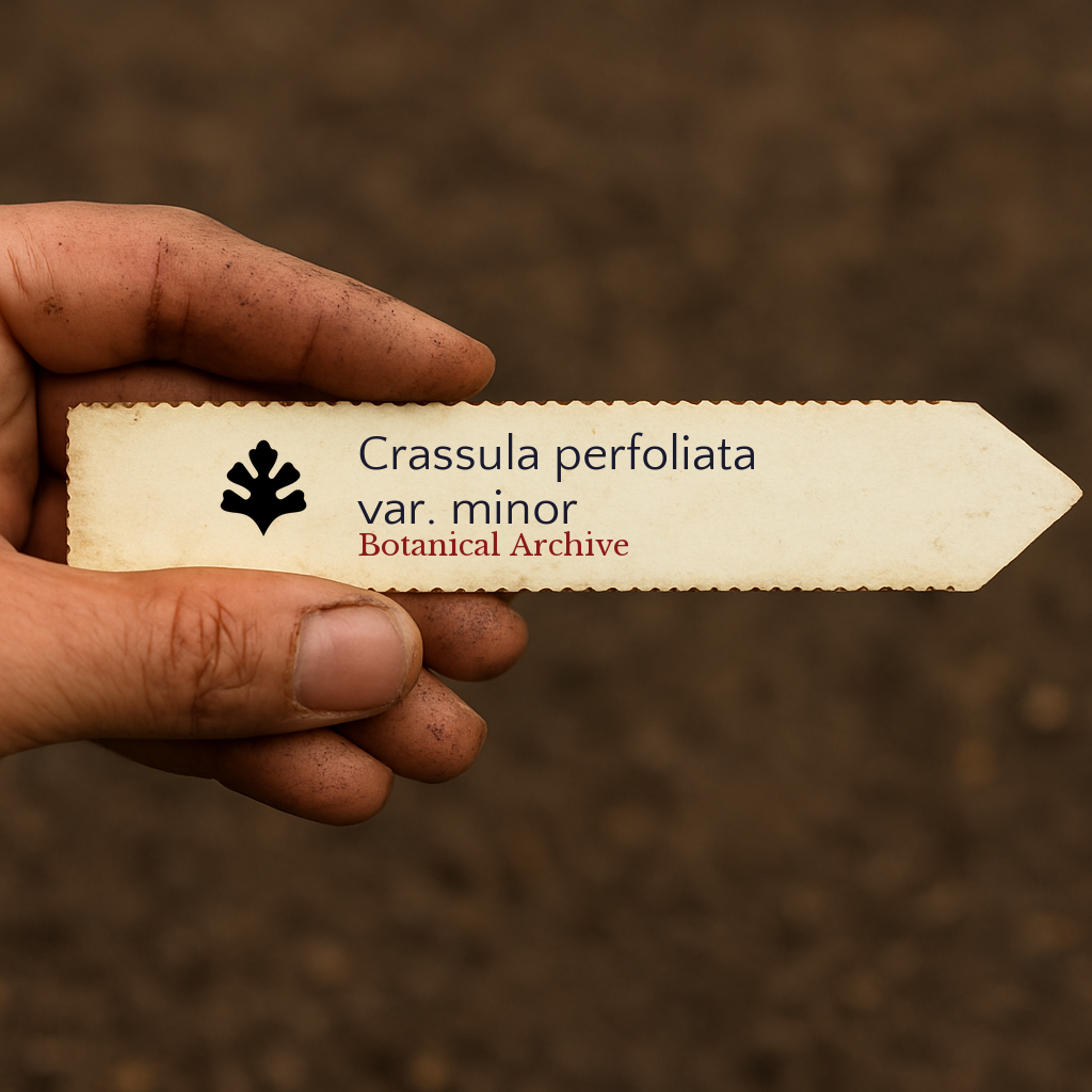Printed plant label for Crassula perfoliata var. minor held by hand with soil background