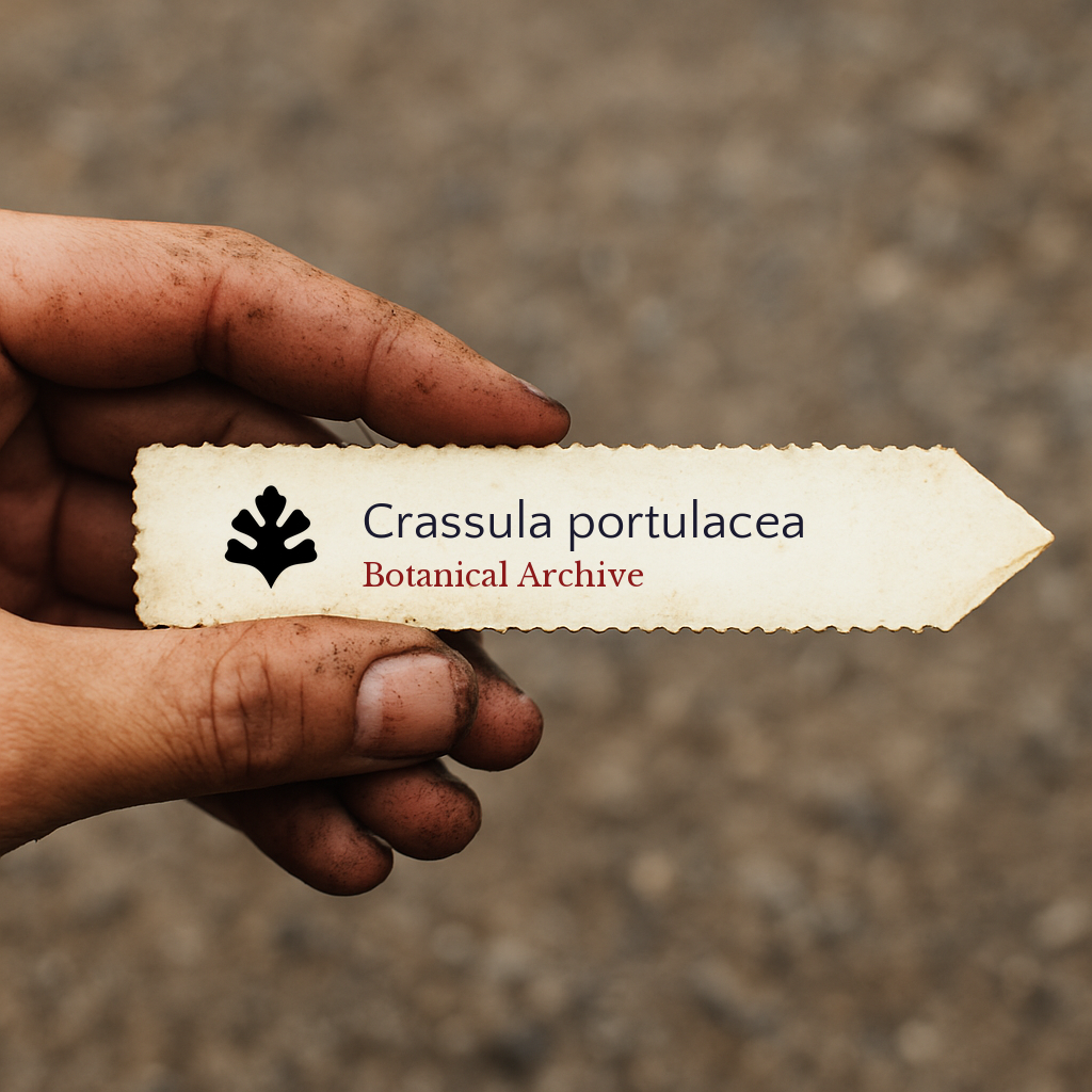 Etichetta vegetale stampata per Crassula portulacea tenuta da mano sporca all'aperto