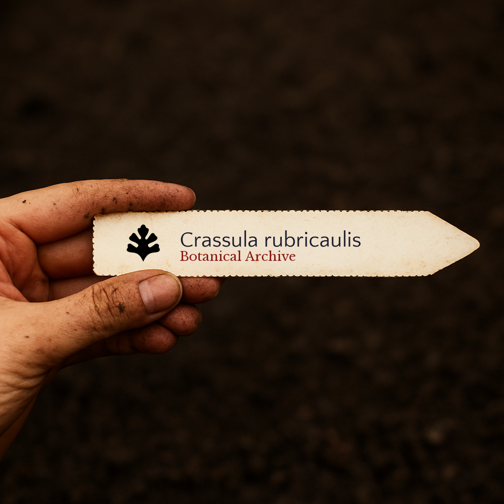 Printed plant label for Crassula rubricaulis held over dark soil background