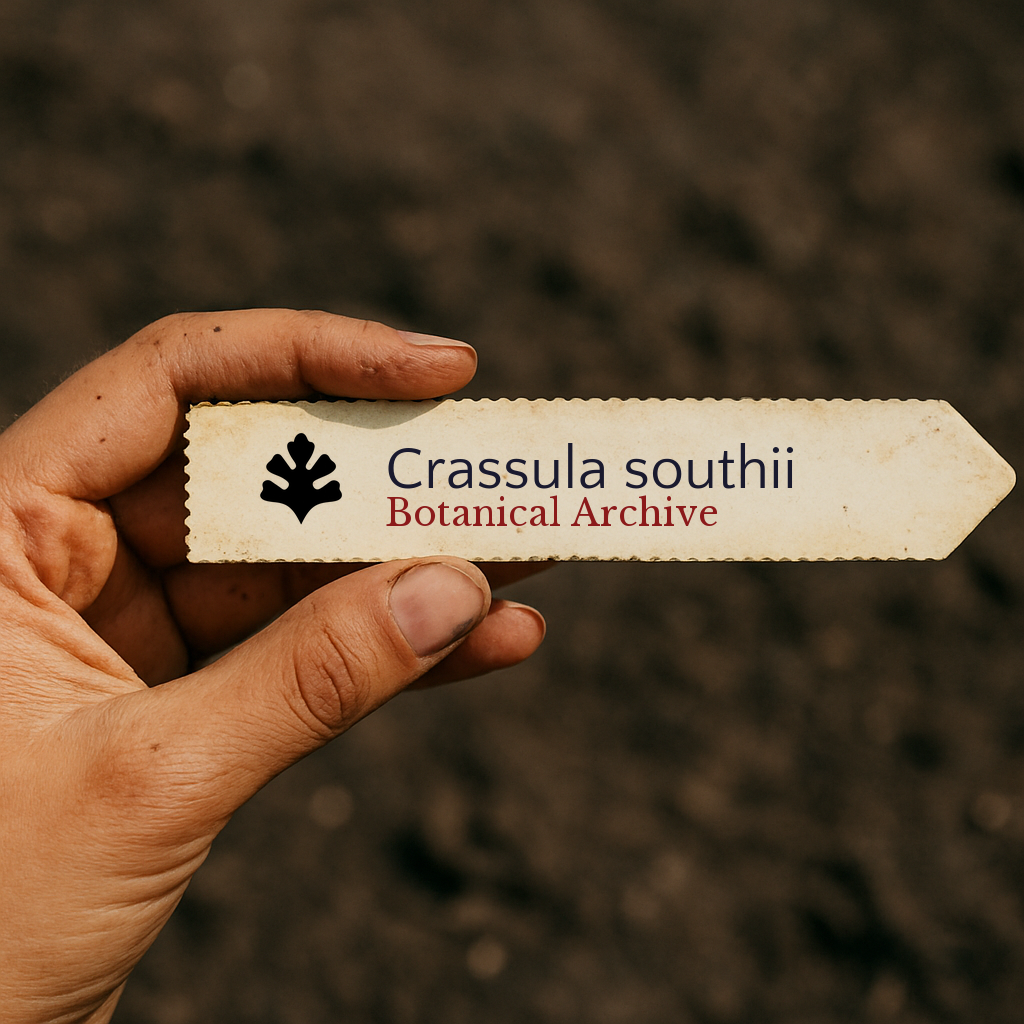 Printed plant label for Crassula southii held in hand with soil background